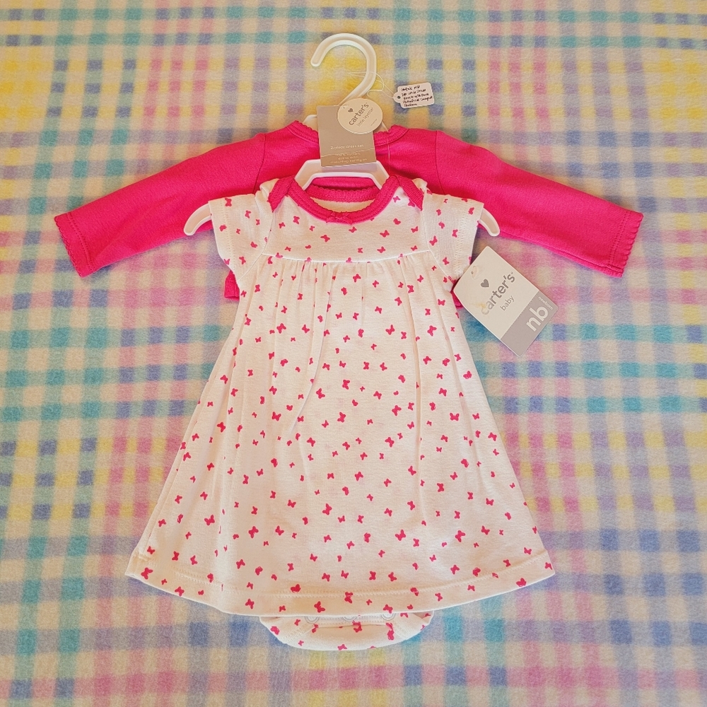 CARTER'S ♡ Precious White w/Pink Butterflies 2pc Onesie Dress w/Pink Sweater NB
